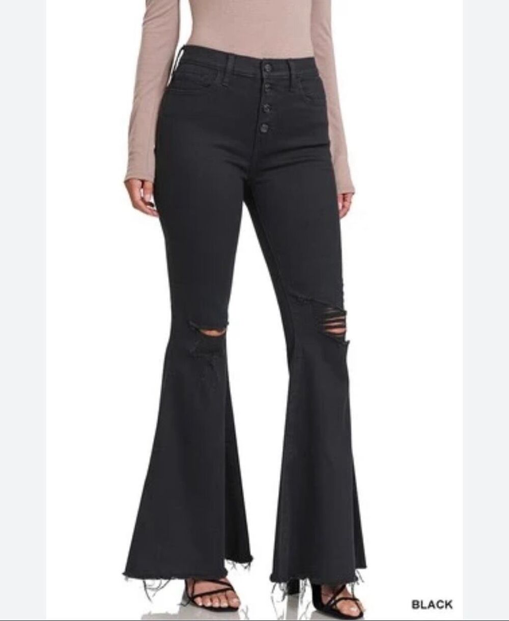 Vervet Flared Leg Black Wash Denim Jean Raw Hem Rips Stretch High Rise Size 26